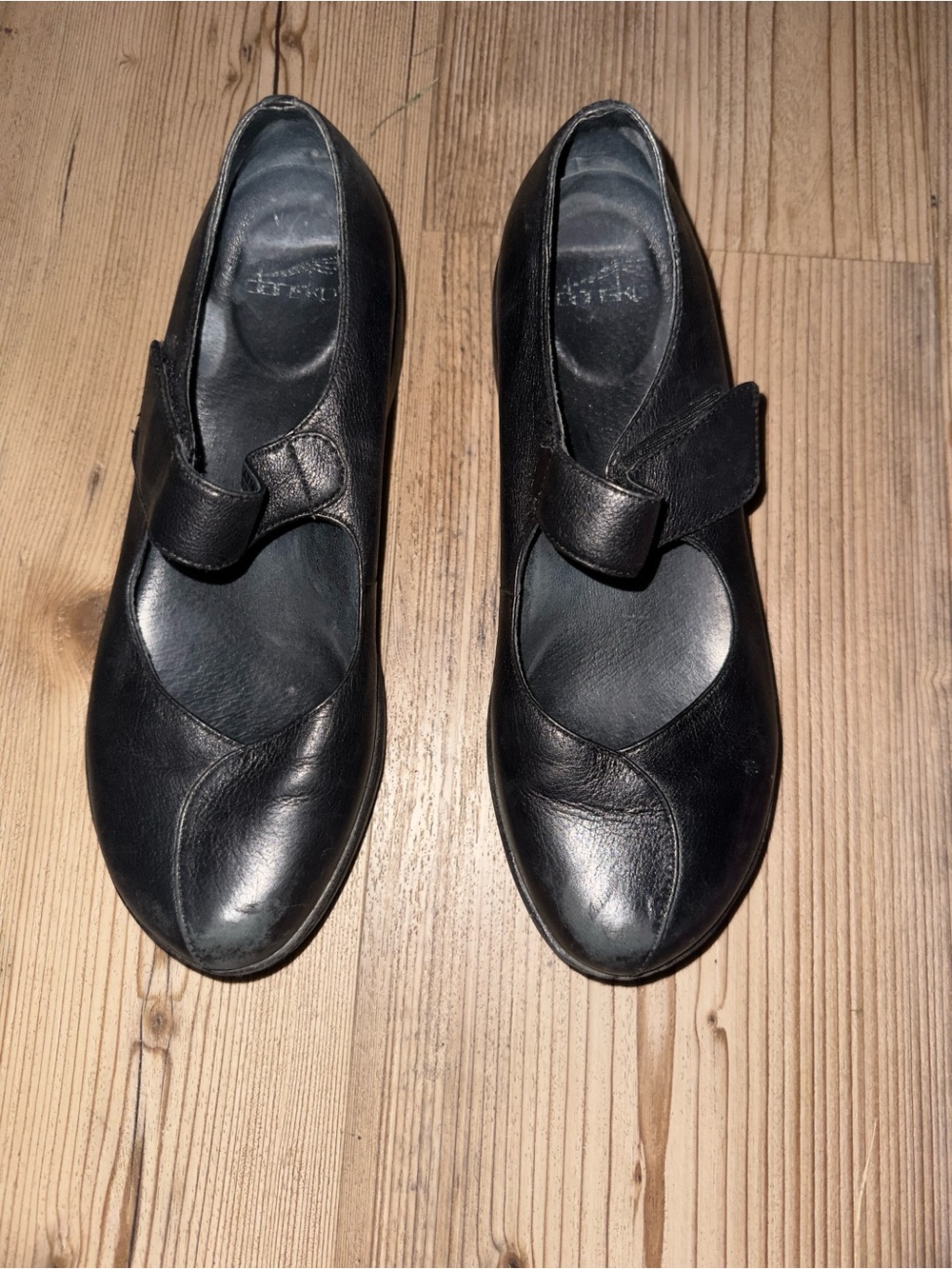 Dansko Black Leather Mary Jane Flats with Velcro Strap